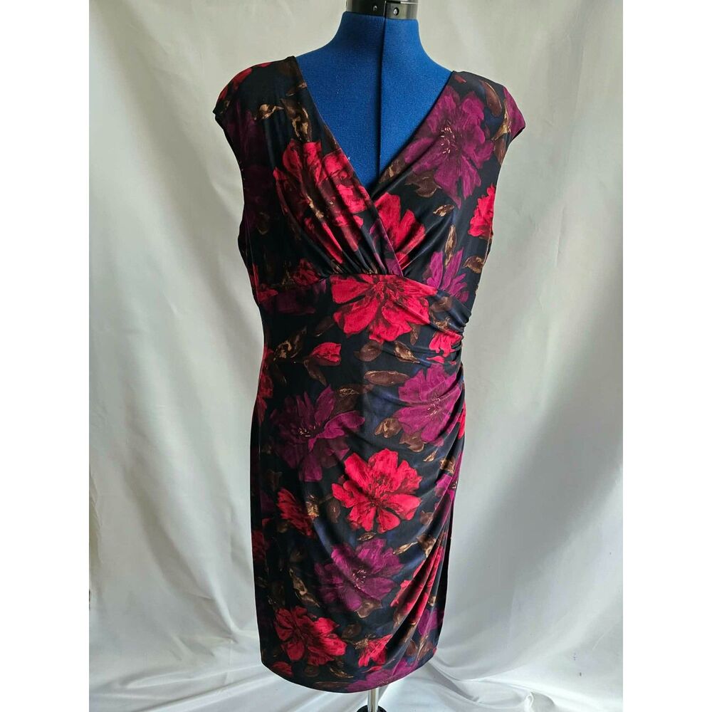 Lauren Ralph Lauren Women’s 14 Floral Faux Wrap Dress Navy Pink Ruched Stretch